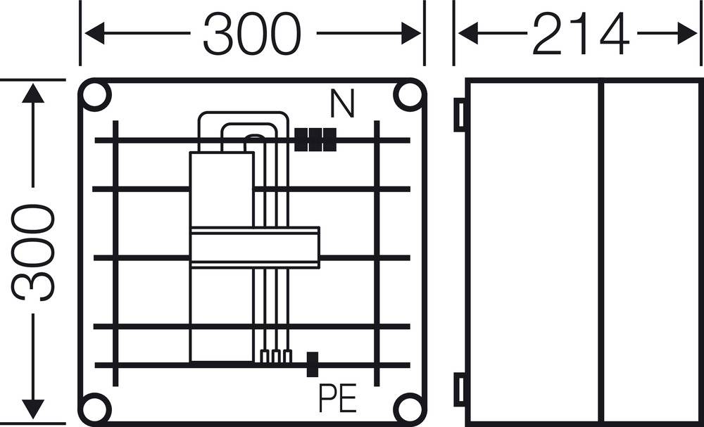 Technische Zeichnung eines elektrischen Verteilkastens mit Maßen: 300x300x214 mm. Zeigt interne elektrische Komponenten, gekennzeichnet mit 'N' und 'PE'.