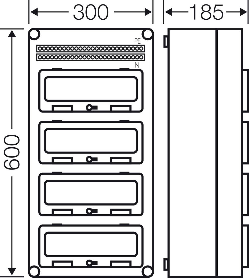 Technische Zeichnung eines rechteckigen Bauteils. Maße: 300 mm Breite, 600 mm Höhe, 185 mm Tiefe. Vier rechteckige Aussparungen sichtbar.