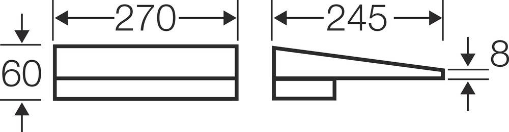 Schema mit zwei Seitenansichten eines Gegenstands: links rechteckig (60 hoch, 270 lang), rechts keilförmig (245 lang, 8 dick).