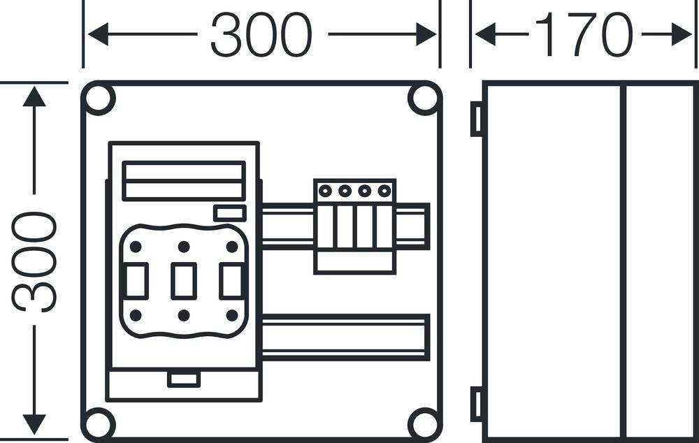 Technische Zeichnung einer elektrischen Schaltkastenkonstruktion mit Maßen: 300x300 mm in der Frontansicht, 170 mm in der Seitenansicht.