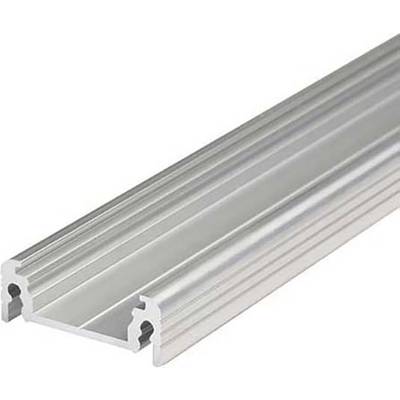 Ein silbernes Aluminiumprofil mit einer gerillten Oberfläche und einer U-förmigen Rille zum Einbau von Materialien oder als Führungsschiene.