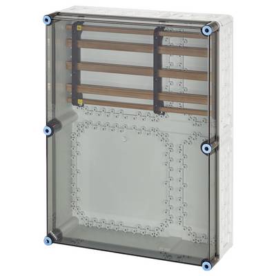 Grau-transparente Schutzbox mit blauen Schrauben an den Ecken, Innenstruktur mit braunen Streifen sichtbar, vermutlich für elektrische Installationen.