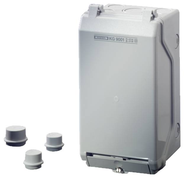 Ein graues elektrisches Gehäuse mit der Aufschrift 'KG 9001', umgeben von drei passenden Verbindungsstücken.