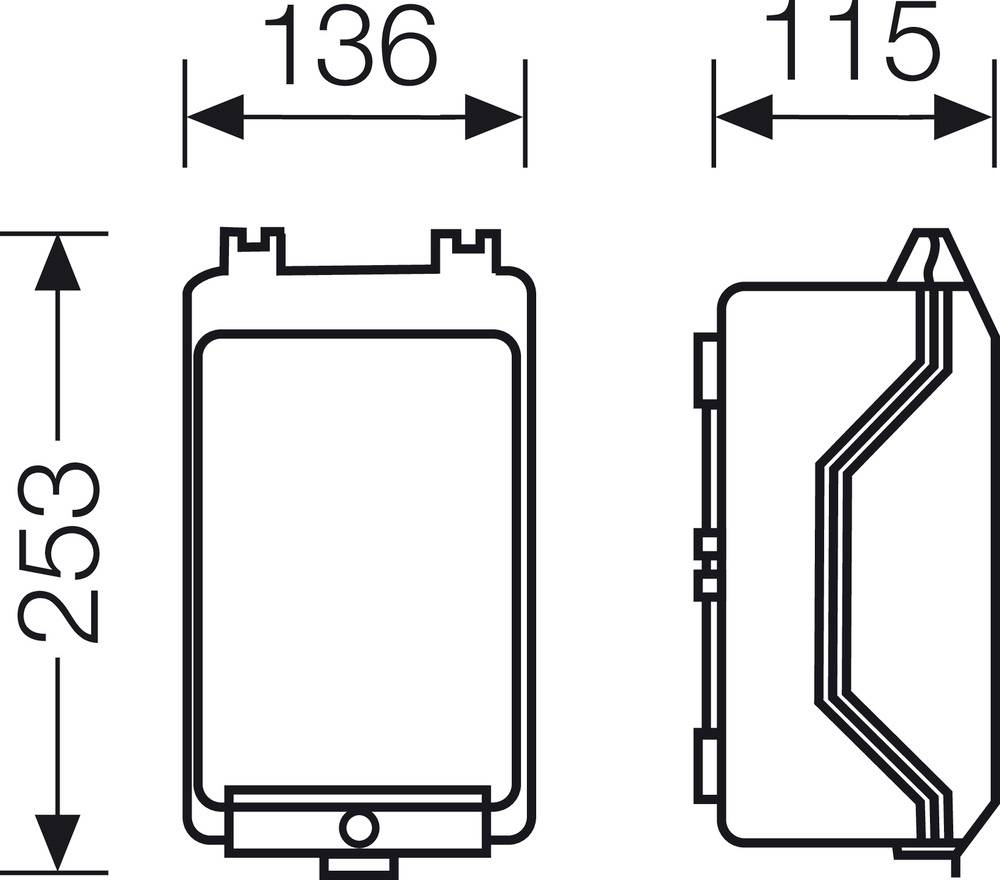 Technische Zeichnung eines rechteckigen Bauteils mit den Maßen 136 mm Breite, 253 mm Höhe und 115 mm Tiefe, Seiten- und Vorderansicht.