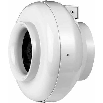 Ein weißer runder Lüfter mit einem zentralen Ventilator. Er ist für Belüftungssysteme geeignet und sieht robust und funktional aus.