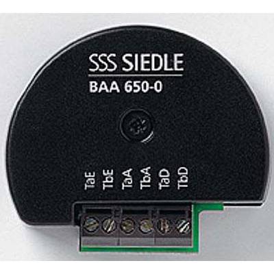 Schwarzes, halbkreisförmiges elektronisches Bauteil mit der Aufschrift 'SSS Siedle BAA 650-0' und mehreren Anschlussklemmen unten.