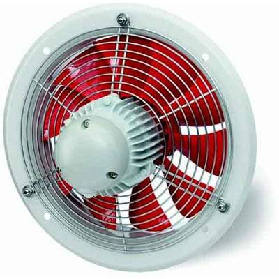 Runder Wandventilator mit roten Rotorblättern und Gitterabdeckung für Luftzirkulation.