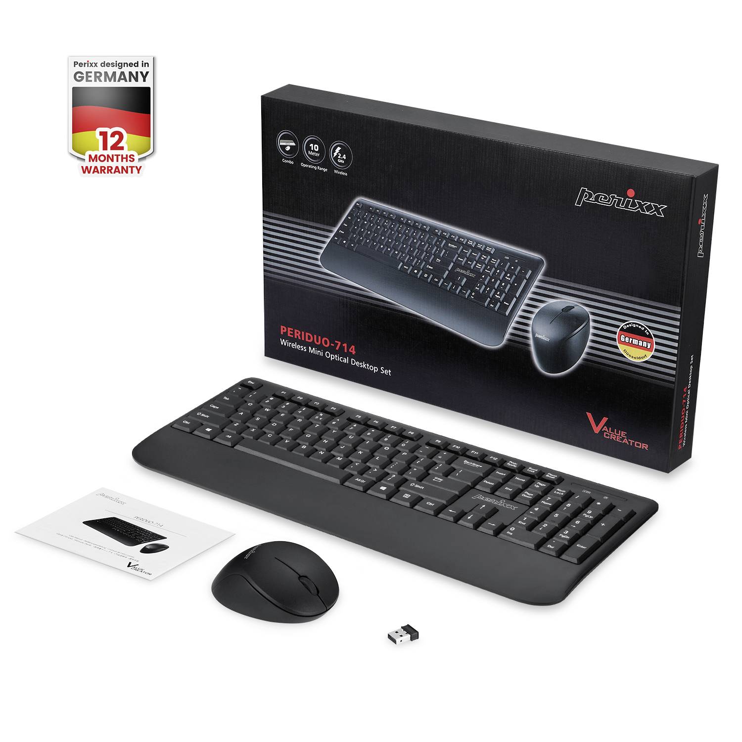 Kabelloses Tastatur- und Maus-Set in schwarzer Farbe, mit USB-Empfänger. Verpackung zeigt Garantie und 'Designed in Germany'-Hinweis.