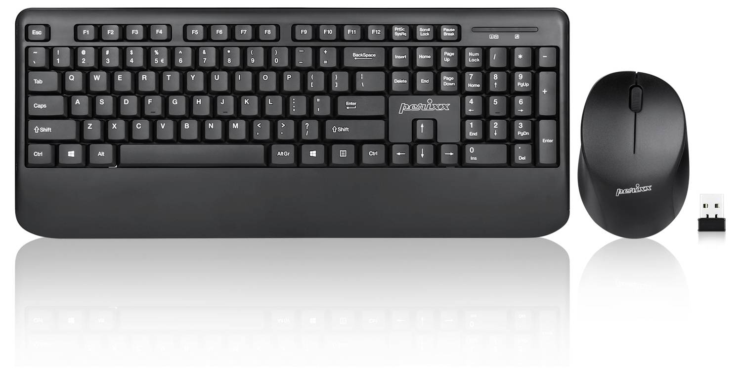 Kabellose schwarze Tastatur mit Nummernblock, passender Maus und USB-Empfänger, geeignet für Büro und Heimgebrauch.