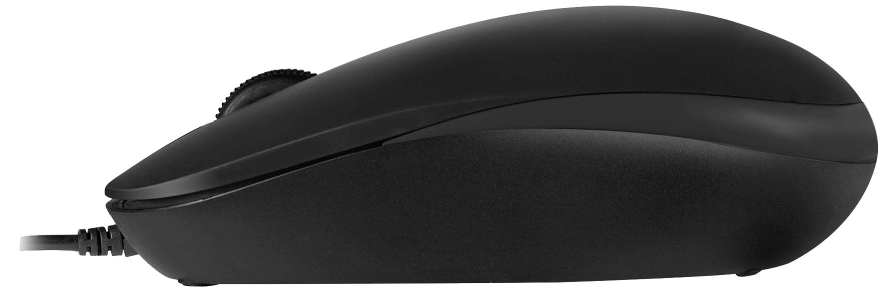 Eine schwarze Computermouse mit USB-Kabel, von der Seite gezeigt.