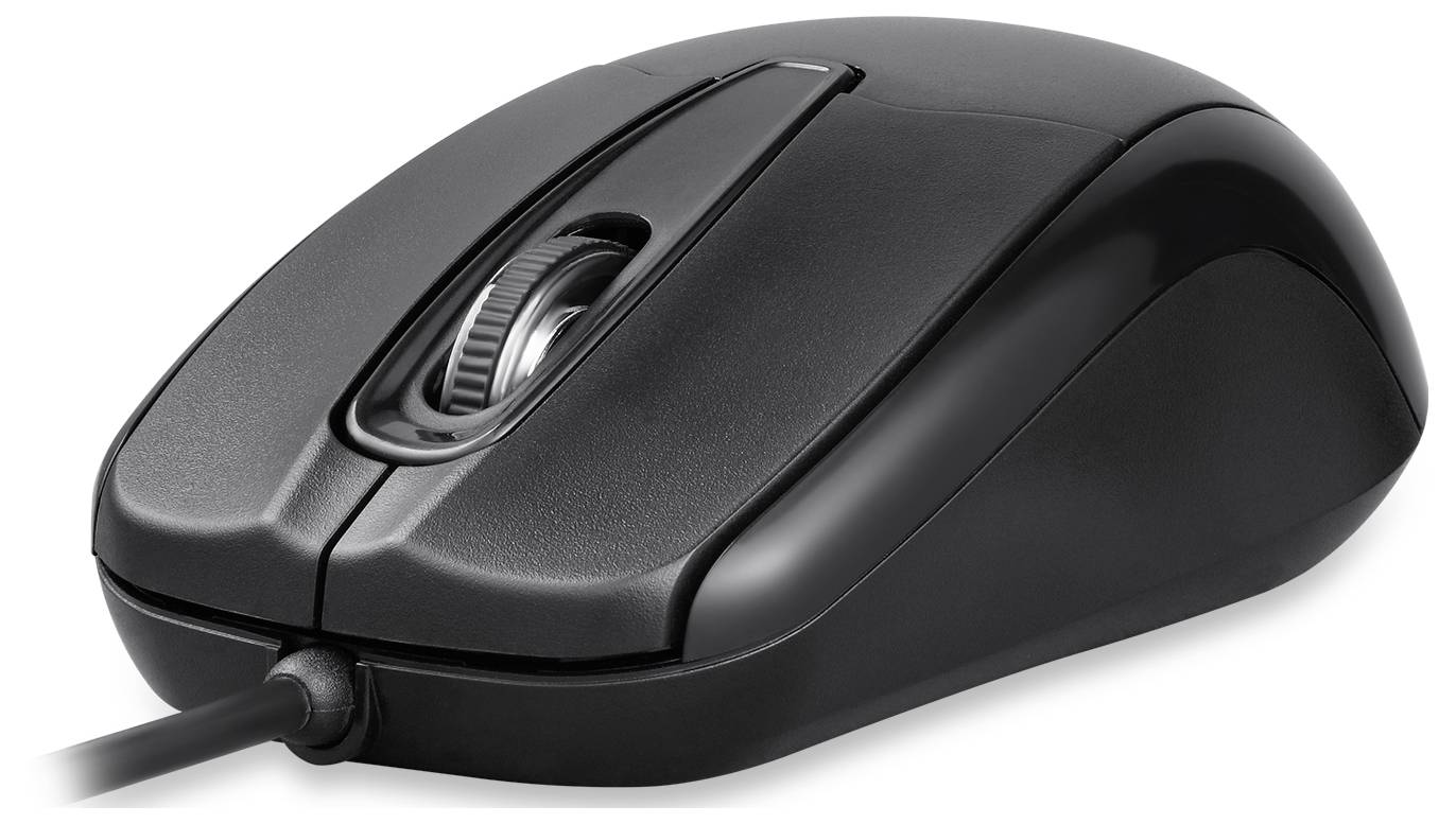 Schwarze, kabelgebundene Computermaus mit Scrollrad, Ansicht von schräg oben, auf weißem Hintergrund.