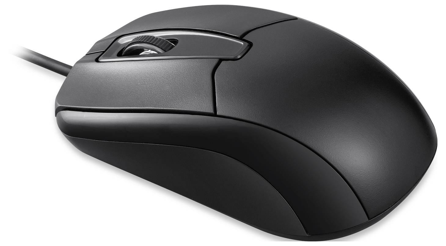 Schwarze, kabelgebundene Computermaus mit einem Scrollrad und zwei Haupttasten, geeignet für Büroeinsätze und allgemeines Computing.