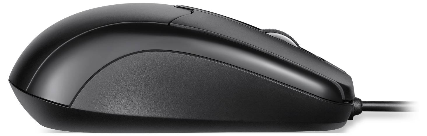 Schwarze Computermaus mit Kabel. Seitenansicht zeigt ergonomisches Design mit zwei Tasten und einem Scrollrad.