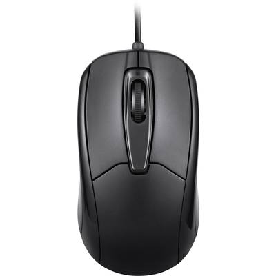 Schwarze Computermaus von oben, mit Kabel, Scrollrad in der Mitte und zwei Haupttasten. Geeignet für den Bürogebrauch.