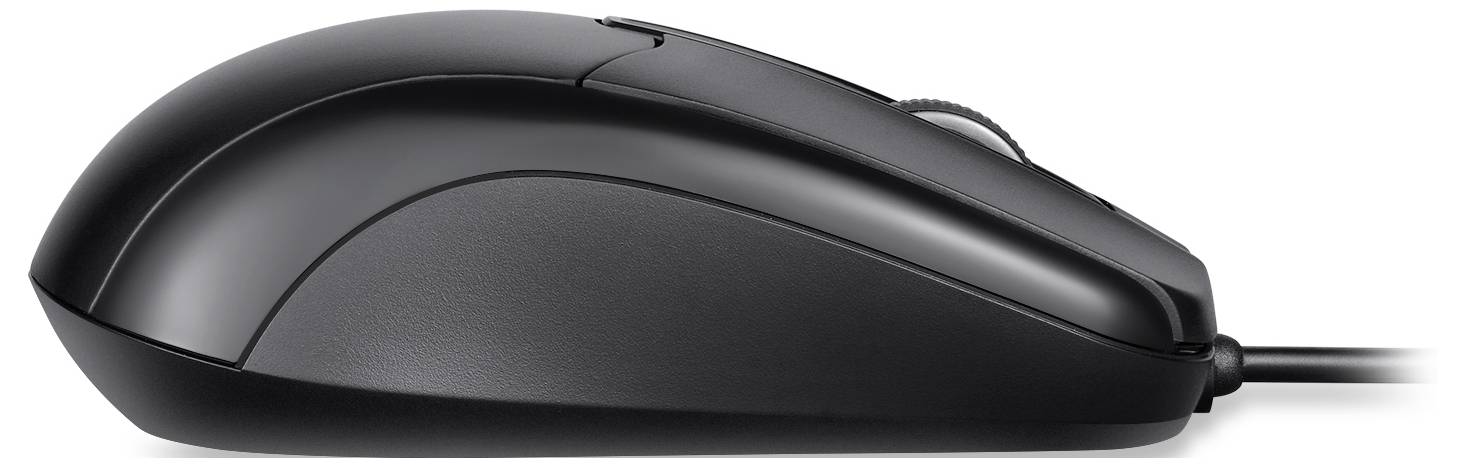 Schwarze Computermaus mit ergonomischem Design, seitlicher Kabelanschluss. Ideal für Desktop-Nutzung.