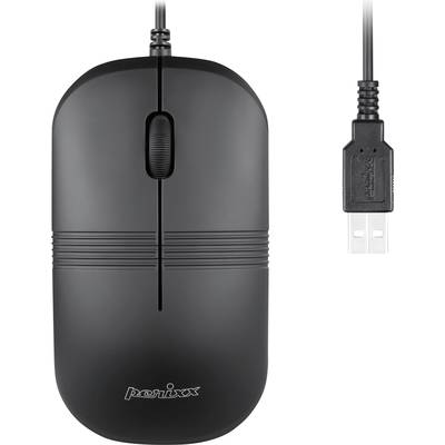 Schwarze kabelgebundene Computermaus mit USB-Anschluss und Scrollrad.