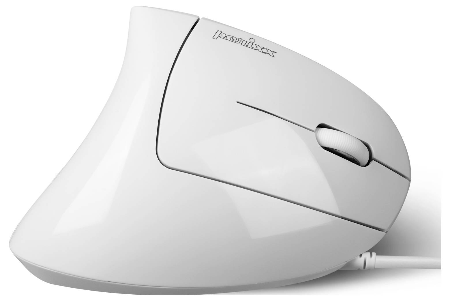 Weiße, ergonomische vertikale Computermaus mit Kabel und Scrollrad. 