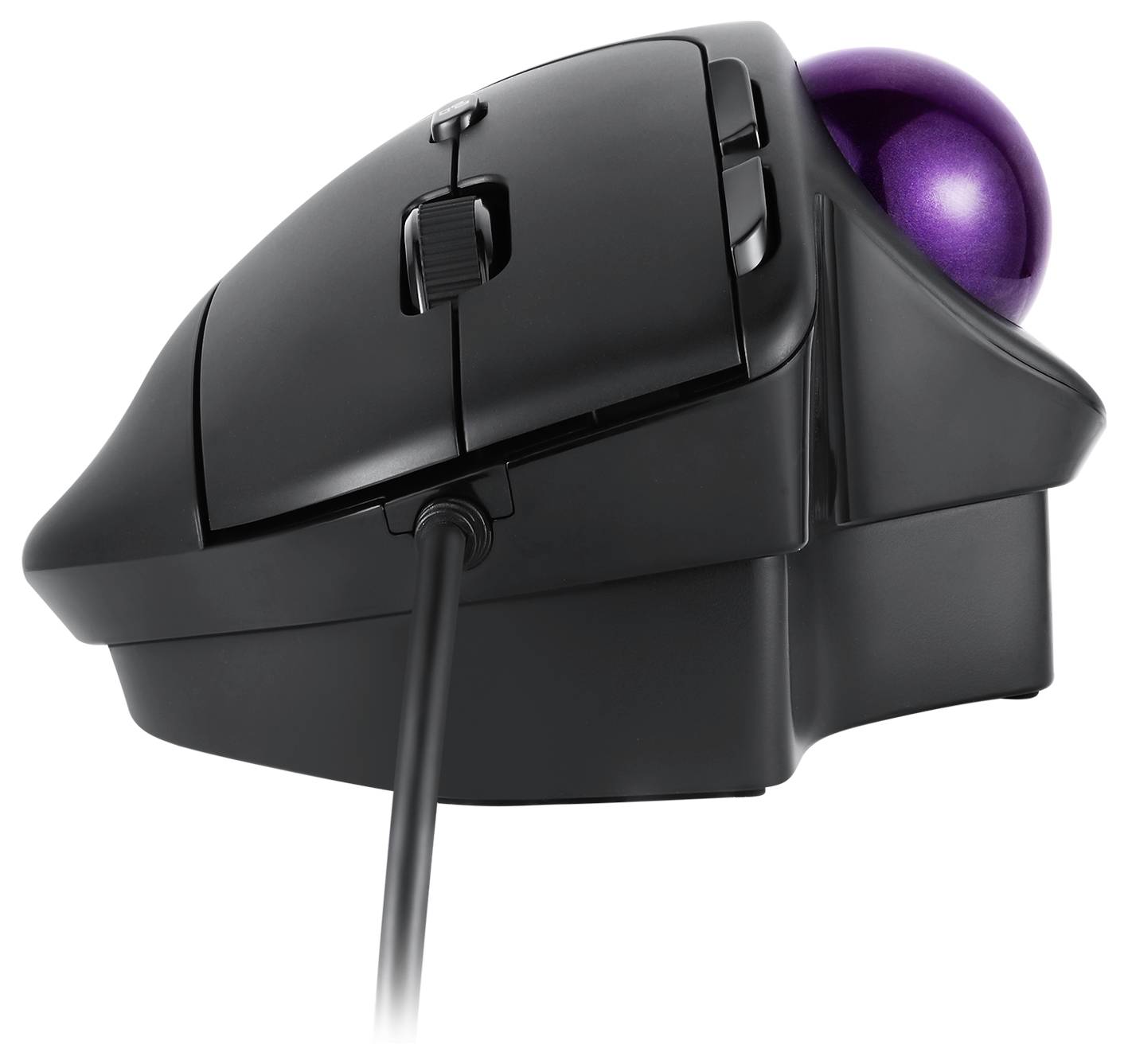 Eine schwarze ergonomische Trackball-Maus mit einem lila Trackball an der rechten Seite, verbunden durch ein schwarzes Kabel.