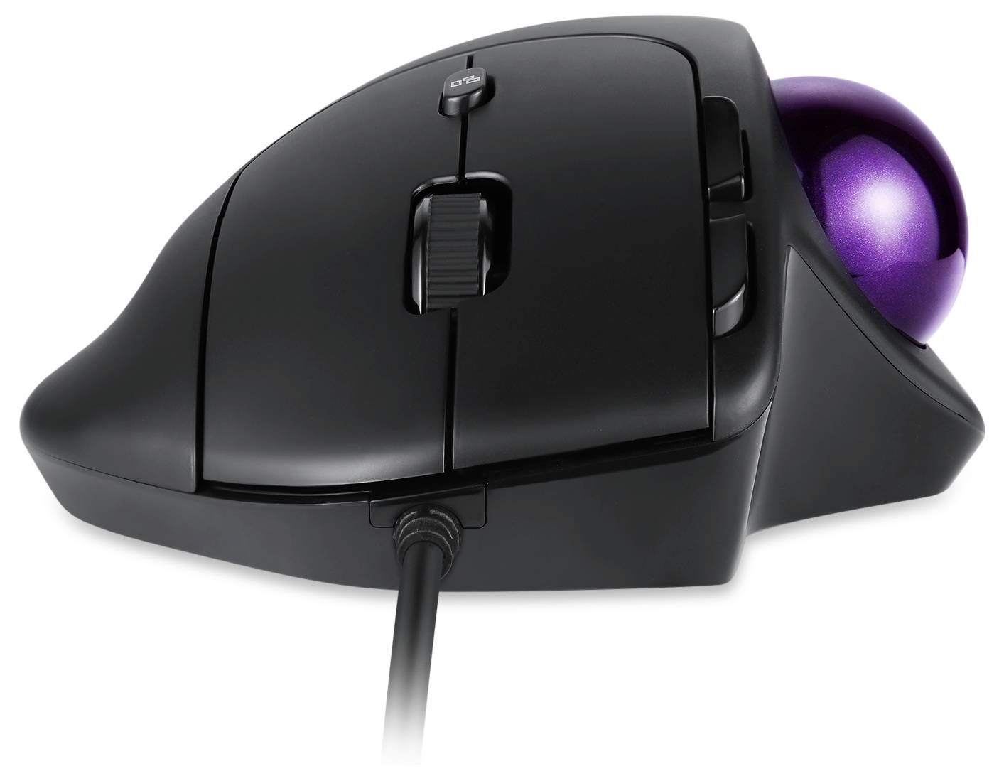 Eine schwarze ergonomische Trackball-Maus mit violettem Trackball links und Kabelanschluss vorne. Ideal für präzise Cursorsteuerung.