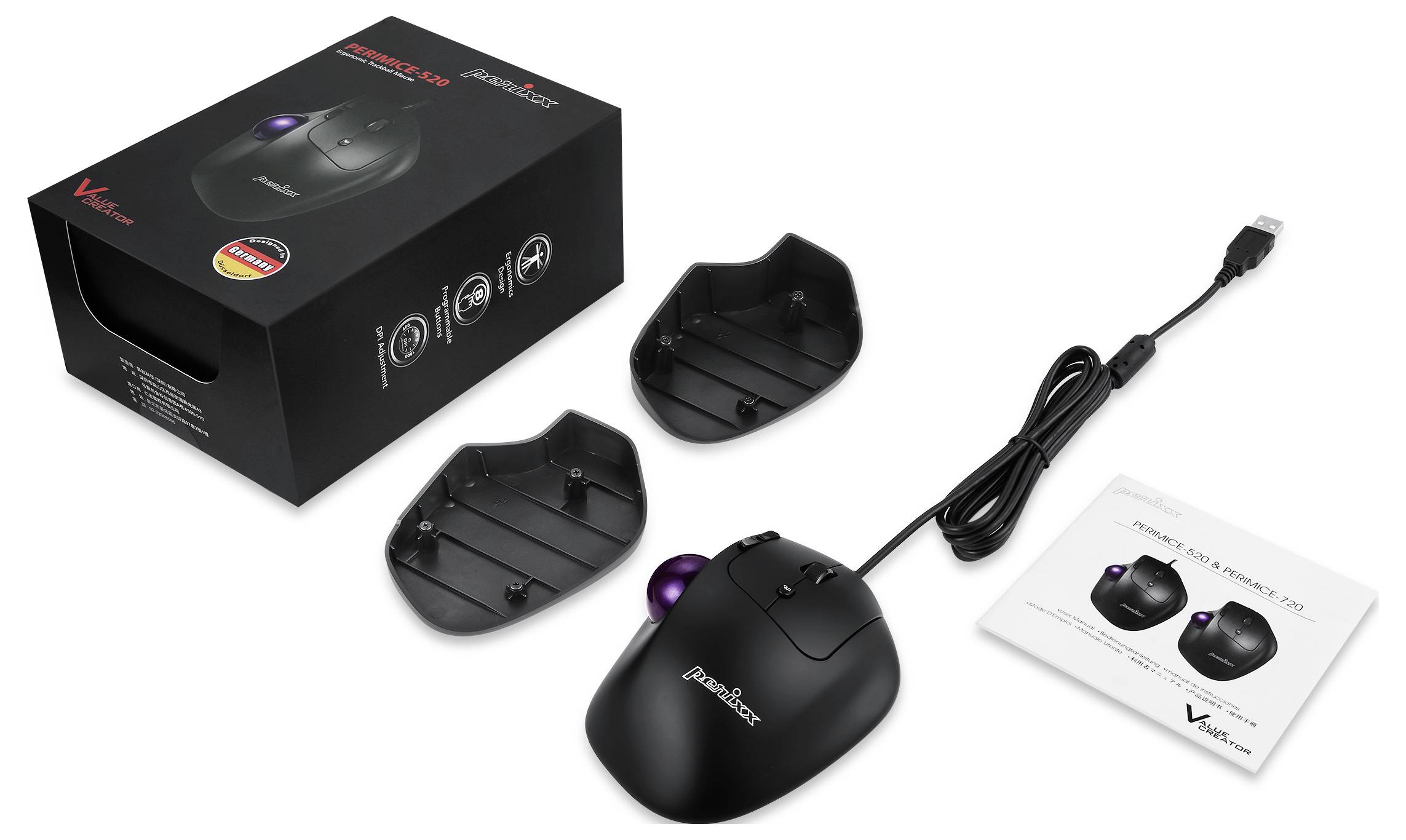 'Perimice-713', ergonomische Maus mit zwei abnehmbaren Handballenauflagen, USB-Anschluss, geeignet für präzises Arbeiten. Verpackung und Anleitung enthalten.