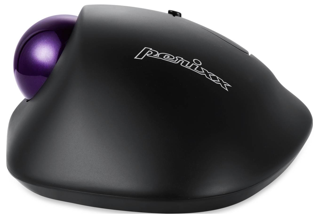 Schwarze ergonomische Trackball-Maus mit violettem Ball, Marke 'Perixx'. Ideal für präzise Steuerung und entlastende Handhaltung.