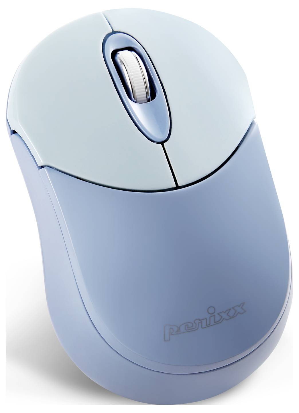 Eine blaue, kabellose Computermaus mit Scrollrad und Markenlogo auf der Unterseite.