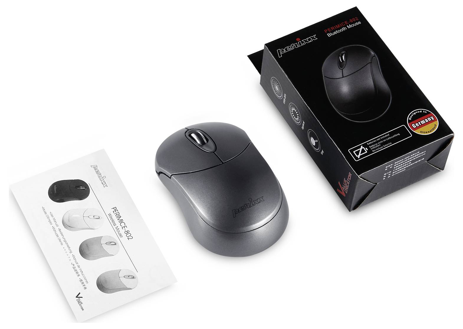 'Drahtlose Maus', anthrazit, mit Bedienungsanleitung und Verpackung abgebildet. Verpackungstext 'Perimice 802 Wireless Laser Mouse'.