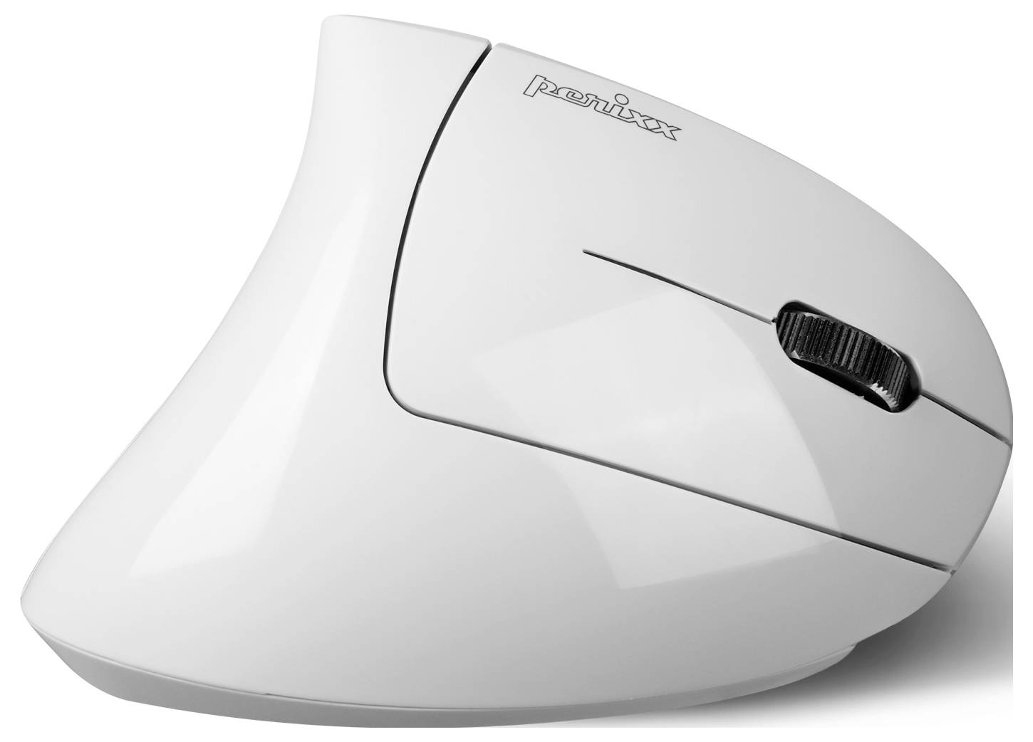 Ergonomische vertikale Computermaus in Weiß mit zwei Tasten und einem Scrollrad, gestaltet zur Reduzierung von Handgelenkbelastung.