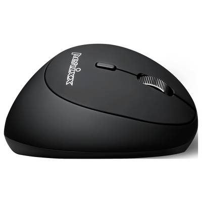 Eine schwarze ergonomische Computermaus mit Scrollrad und zwei Tasten, geeignet für komfortable Handposition beim Arbeiten.