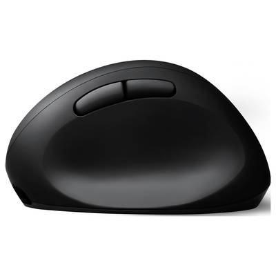 Schwarze, ergonomische Computermaus mit vertikalem Design und zwei großen Tasten, geeignet für komfortables Arbeiten am Computer.