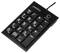 Externe schwarze USB-Tastatur mit numerischem Tastenfeld, inklusive Zifferntasten, Rechentasten und Funktionstaste 'Num Lock'.