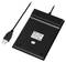 Schwarzes USB-Gerät mit Kabel, flaches Design, vermutlich ein Ladegerät oder Trackpad, auf weißem Hintergrund.