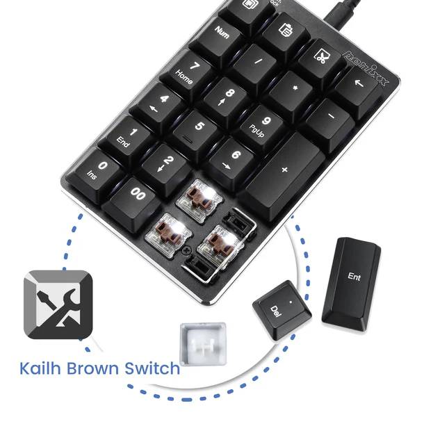 'Tastatur mit Kailh Brown Switches, abnehmbaren Tasten und Schaltflächen für Zahlen und Navigation. Enthält Werkzeugsymbol.'