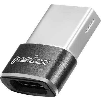 USB-C auf Micro-USB Adapter von Perixx. Rechteckiges Design mit glänzendem Silber und schwarzer Hülle. Verbindet verschiedene Anschlüsse.