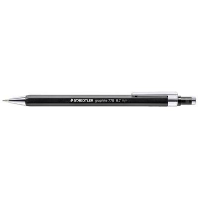 Schwarzer Druckbleistift der Marke STAEDTLER mit 0,7 mm Mine. Der Clip aus Metall befindet sich oben rechts am Schaft.
