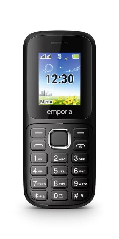 Ein einfaches schwarzes Mobiltelefon mit einer alphanumerischen Tastatur und einem kleinen Farbdisplay, das die Uhrzeit '12:30' anzeigt.