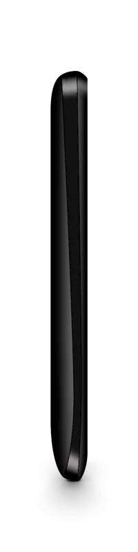 Seitenansicht eines schlanken schwarzen Smartphones mit abgerundeten Kanten, vor einem weißen Hintergrund.