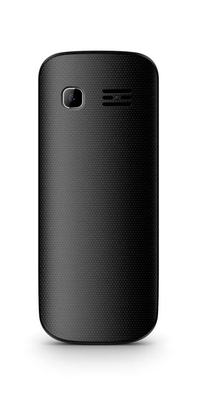 Ein schwarzes Mobiltelefon von hinten mit Kamera und Lautsprechergitter oben.