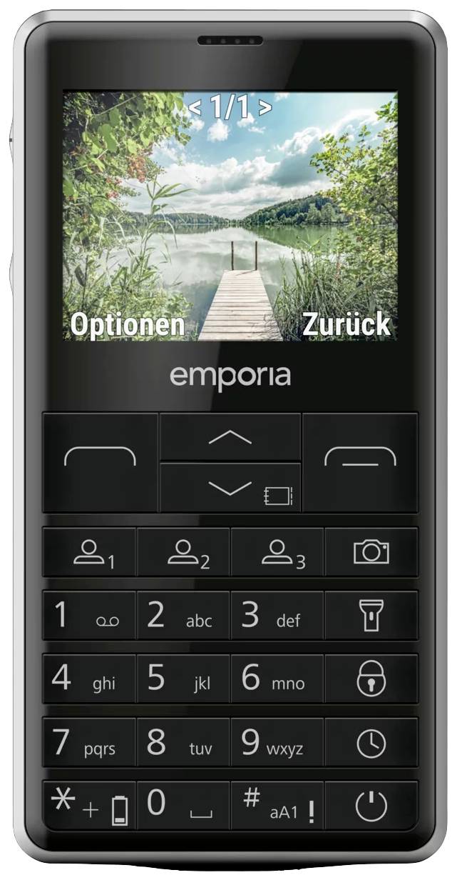 Ein Mobiltelefon zeigt ein Bild von einem Steg, der in einen See führt. Zwei Menüoptionen 'Optionen' und 'Zurück' sind sichtbar.