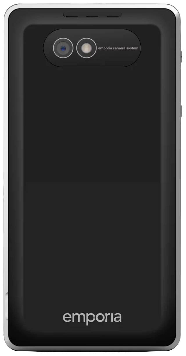 Smartphone-Rückseite mit zwei Kameralinsen und Blitz in einem schwarzen Gehäuse. Markenname 'emporia' unten aufgedruckt.