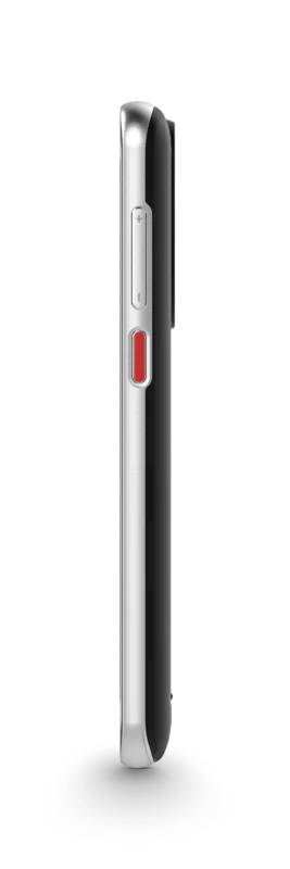 Seitenansicht eines modernen Smartphones mit schlankem silbernen Rahmen, schwarzer Rückseite und rotem Akzent am Seitenschalter.