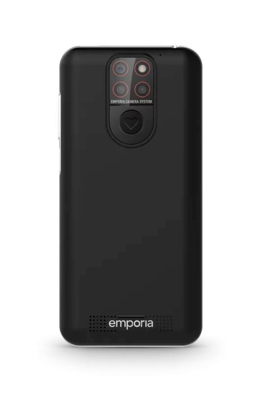 Schwarzes Smartphone von hinten, zeigt Kameramodul mit zwei Linsen und Blitz in der oberen Mitte, 'emporia' Logo unten.