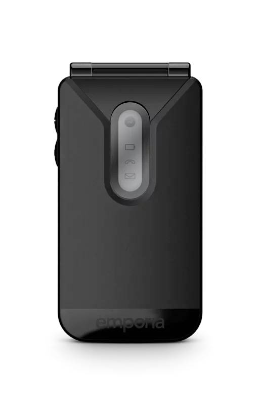 Klappt-Handy in geschlossenem Zustand, schwarze Farbe, mit grauem Displayfeld in der Mitte, das Symbole für Anruf und Nachricht zeigt.