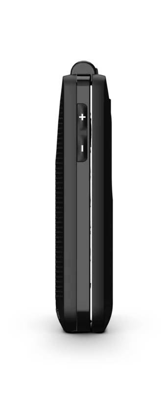 Seitenansicht eines schwarzen elektronischen Geräts mit Plus- und Minus-Taste an der Seite, möglicherweise zur Lautstärkeregelung.