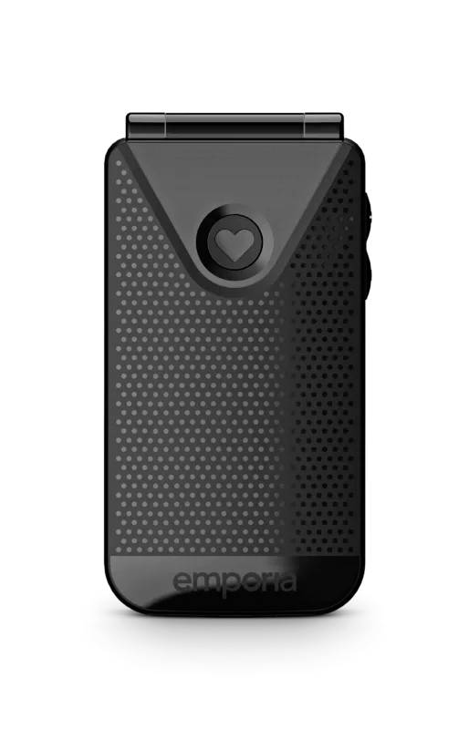 Ein schwarzes Klapphandy mit strukturiertem Gehäuse und Herzsymbol auf der Vorderseite. Markenname unten.