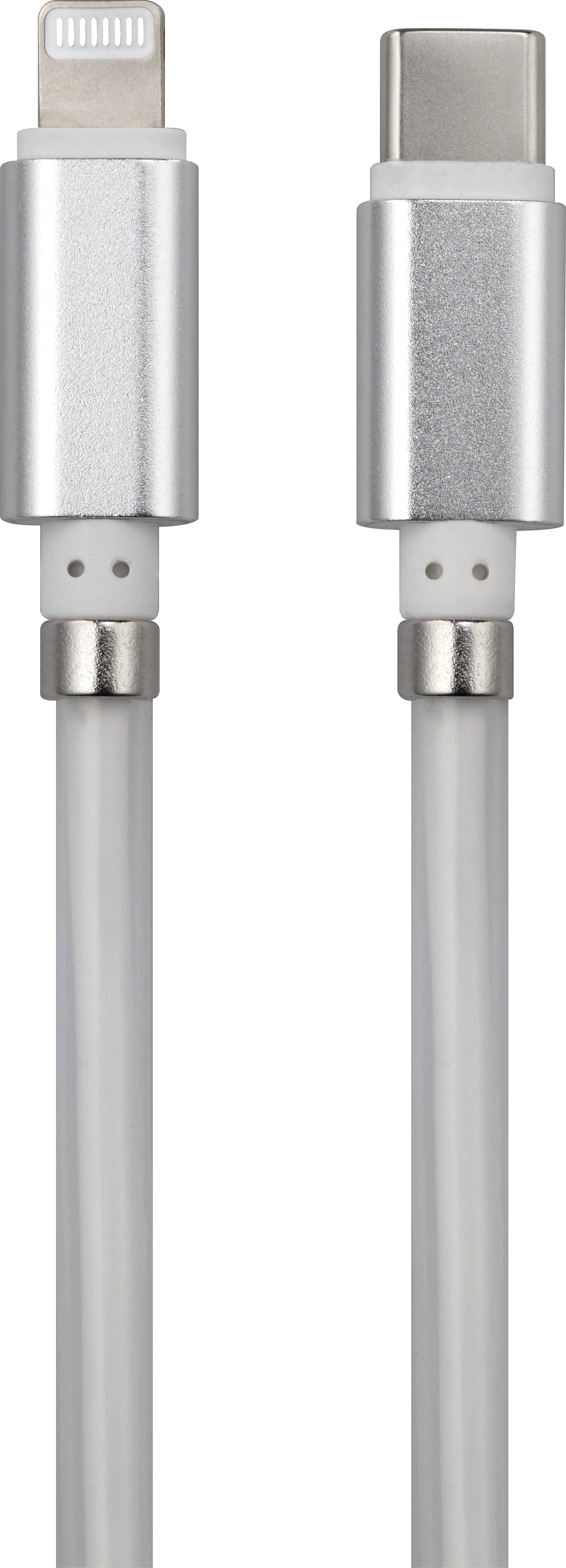 Ein silbernes USB-C- auf Lightning-Kabel. Auf der linken Seite ein Lightning-Stecker, rechts ein USB-C-Stecker.