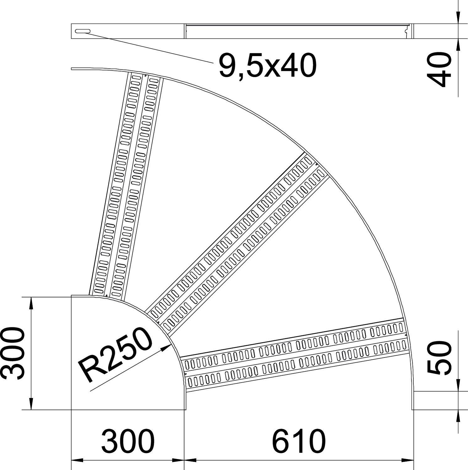 'Technische Zeichnung eines runden Bauteils mit Radius R250, Höhe 300, Breite 300. Integrierte Stützelemente und Abmessungen angegeben.'