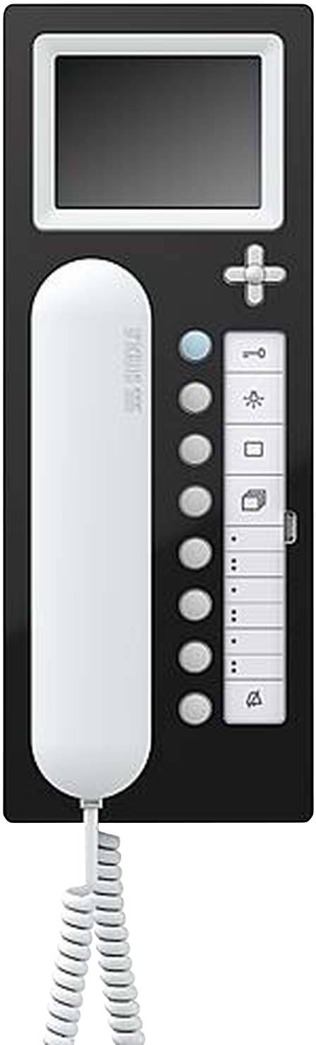 Schwarzes Intercom-Gerät mit weißem Hörer, Bildschirm und Tasten für Anrufannahme, Türöffnung, Lautstärkeregelung und weitere Funktionen.