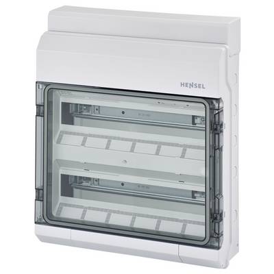 Ein weißer Verteilerkasten der Marke Hensel mit transparentem Deckel, geeignet für Elektroinstallationen, zeigt Innenfächer zur Kabelverlegung.