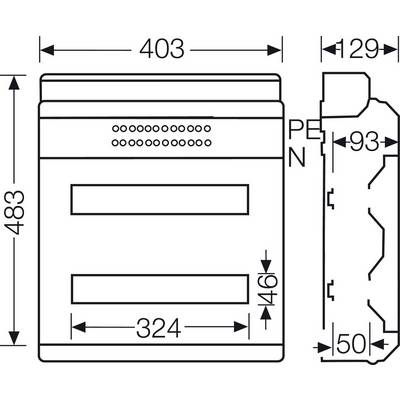 Diagramm einer elektrischen Gerätefrontansicht mit Abmessungen: Breite 403 mm, Höhe 483 mm, Tiefe 93 mm. Zeigt Anschlüsse PE und N.